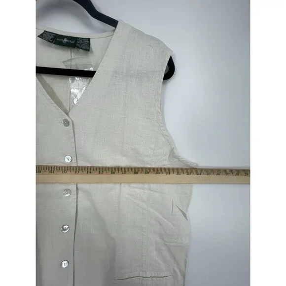VTG 90s Linen Vest Beige Boho Layer Minimalist Lagenlook Cotton Mother of Pearl - Picture 7 of 8